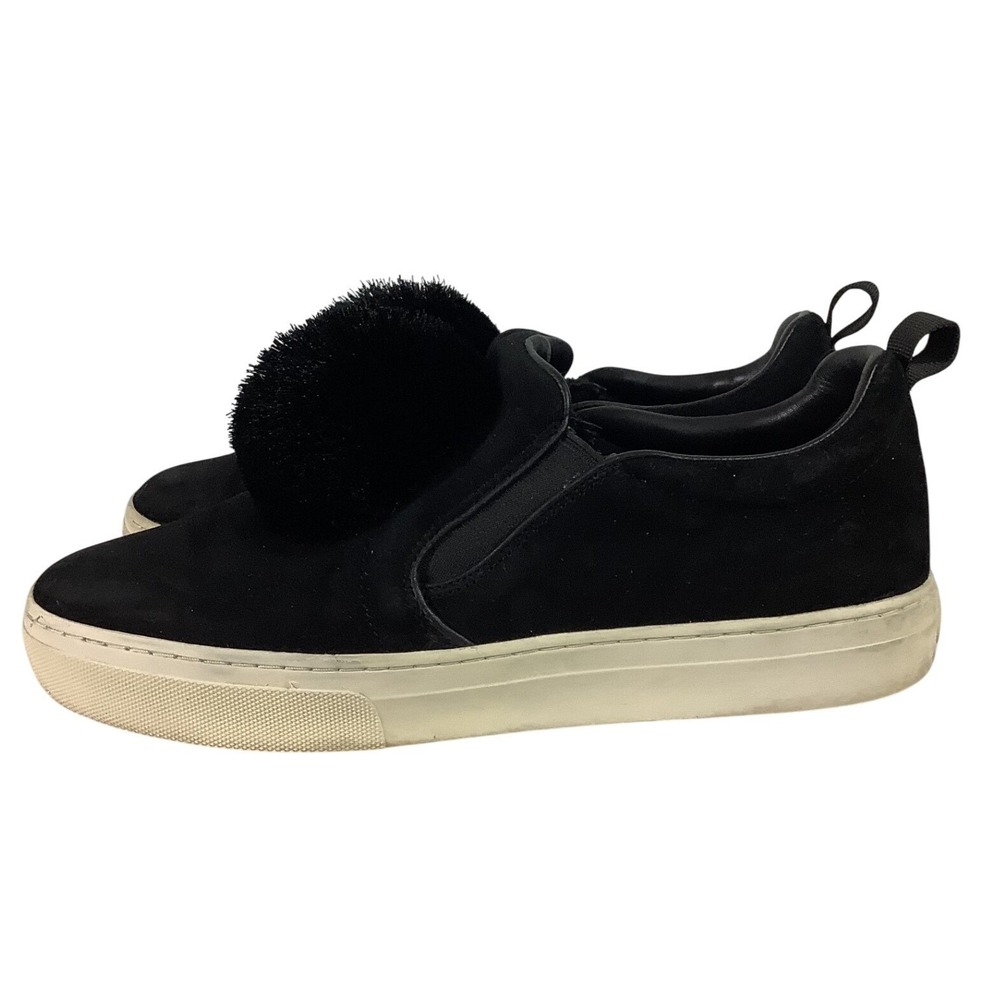 Tory Burch Black Suede Pom Pom Slip On Sneakers Womens Platform Shoes Logo Heel
